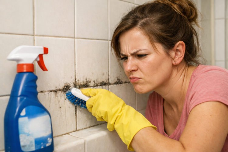 Woman frustrated while scrubbing mold from bathroom tiles